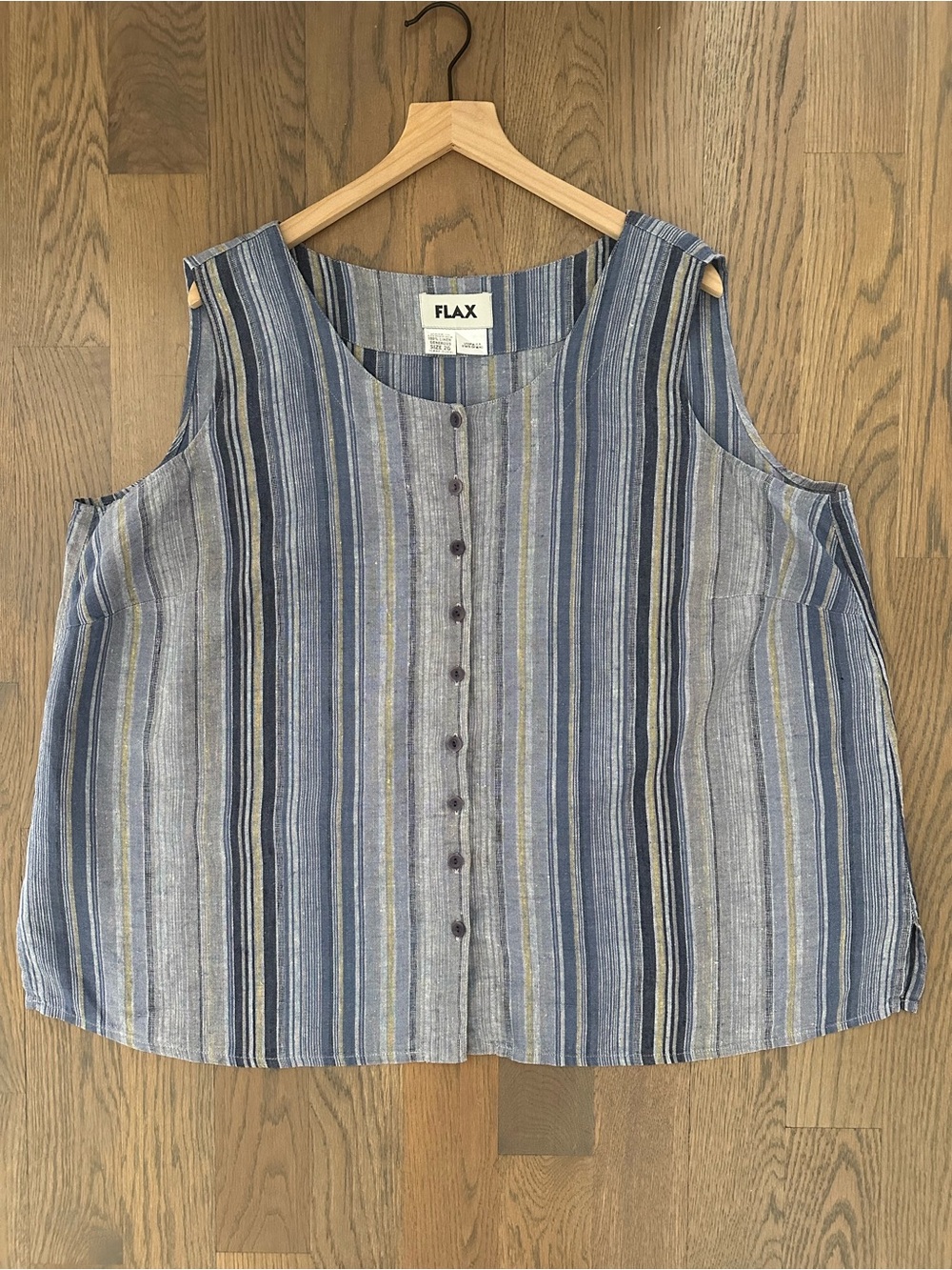 Vintage Flax Button Front Linen Sleeveless Tunic Blouse in Blue Multi Stripe 2X